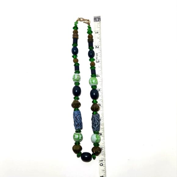 Tibetan Ceramic Green and Blue Glass & Terracotta Clay Beaded Necklace - Picture 8 of 8